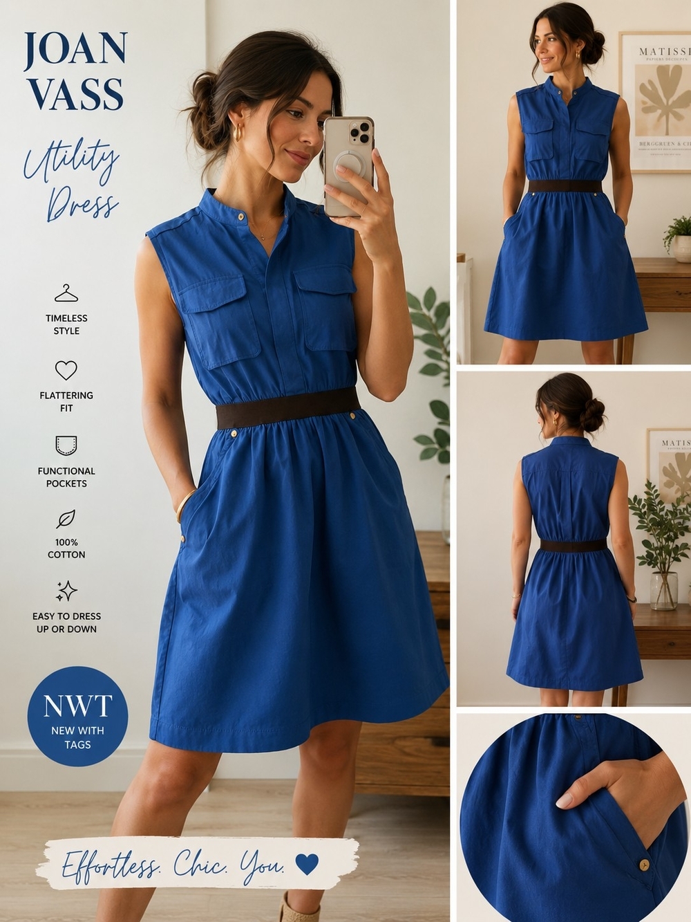 💙 NWT Joan Vass Cobalt Blue Utility Dress ✨ Quiet Luxury Pockets Chic XS/Small